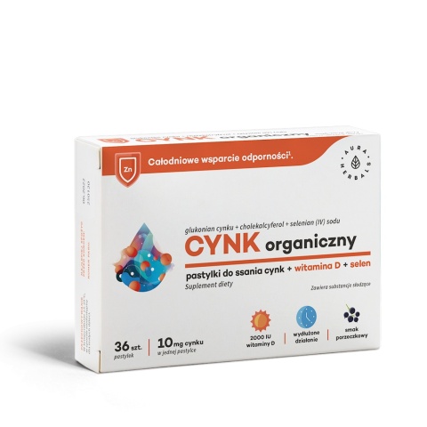Aura Herbals Cynk organiczny 10 mg + witamina D3 + selen 36 pastylek do ssania Aura Herbals Cynk organiczny 10 mg + witamina D3 + selen 36 pastylek do ssania