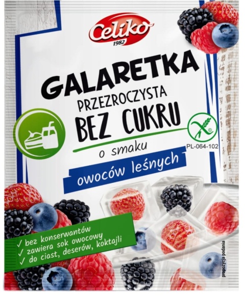 Celiko Galaretka Przezroczysta Bez Cukru Smak Owoce Leśne Bezglutenowa 14 g Celiko Galaretka Przezroczysta Bez Cukru Smak Owoce Leśne Bezglutenowa 14 g