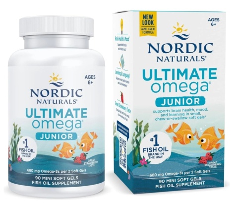 Nordic Naturals Ultimate Omega Fish Oil Junior 680 mg 90 mini kapsułek miękkich o smaku truskawkowym Nordic Naturals Ultimate Omega Fish Oil Junior 680 mg 90 mini kapsułek miękkich o smaku truskawkowym