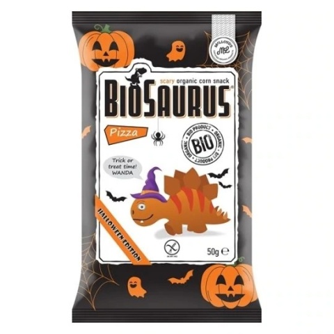 BIOSAURUS Chrupki kukurydziane Dinozaury HALLOWEEN o smaku pizzy BIO 50 g BIOSAURUS Chrupki kukurydziane Dinozaury HALLOWEEN o smaku pizzy BIO 50 g