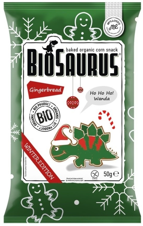 BIOSAURUS Chrupki kukurydziane Dinozaury ZIMOWE o smaku piernikowym BIO 50g BIOSAURUS Chrupki kukurydziane Dinozaury ZIMOWE o smaku piernikowym BIO 50g