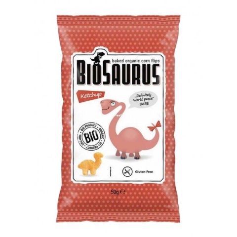BIOSAURUS Chrupki kukurydziane Dinozaury o smaku ketchupowym BIO 50 g BIOSAURUS Chrupki kukurydziane Dinozaury o smaku ketchupowym BIO 50 g