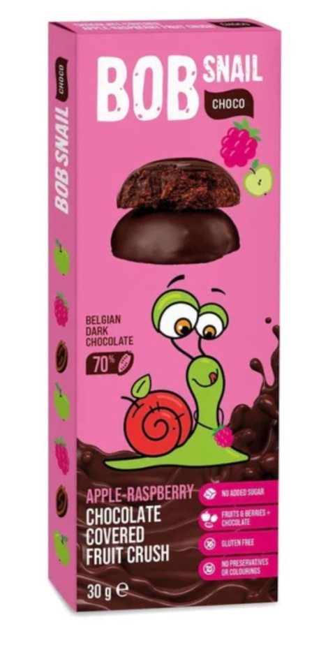 BOB SNAIL Przekąska jabłkowo - malinowa w ciemnej belgijskiej czekoladzie 30 g BOB SNAIL Przekąska jabłkowo - malinowa w ciemnej belgijskiej czekoladzie 30 g