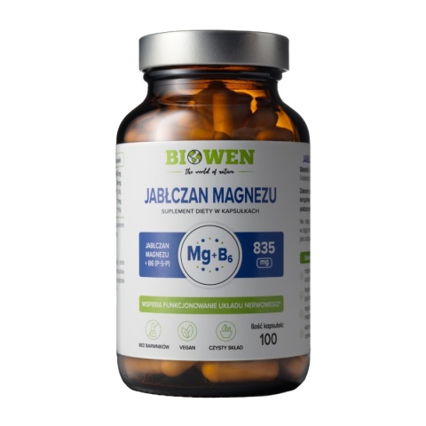 Biowen Jabłczan magnezu 835 mg z witaminą B6 100 kapsułek Biowen Jabłczan magnezu 835 mg z witaminą B6 100 kapsułek