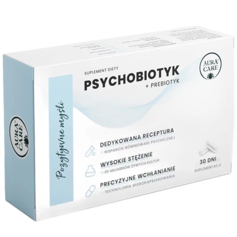 Aura Care Pozytywne myśli Psychobiotyk + Prebiotyk 35 mld CFU 30 kapsułek Aura Care Pozytywne myśli Psychobiotyk + Prebiotyk 35 mld CFU 30 kapsułek