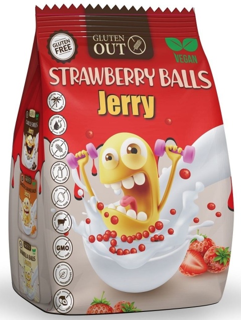 Jerry Gluten Out Kulki Zbożowe Truskawkowe Bezglutenowe 375 g Jerry Gluten Out Kulki Zbożowe Truskawkowe Bezglutenowe 375 g