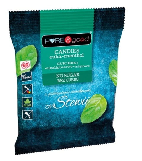 PURE & GOOD Cukierki eukaliptusowo-miętowe ze stewią bez cukru 50g PURE & GOOD Cukierki eukaliptusowo-miętowe ze stewią bez cukru 50g
