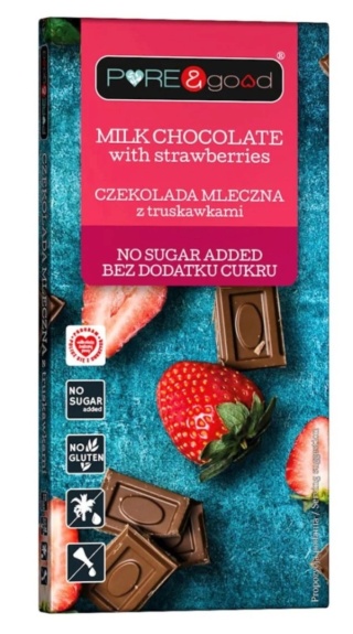 PURE & GOOD Czekolada mleczna z truskawkami bez dodatku cukru 75g