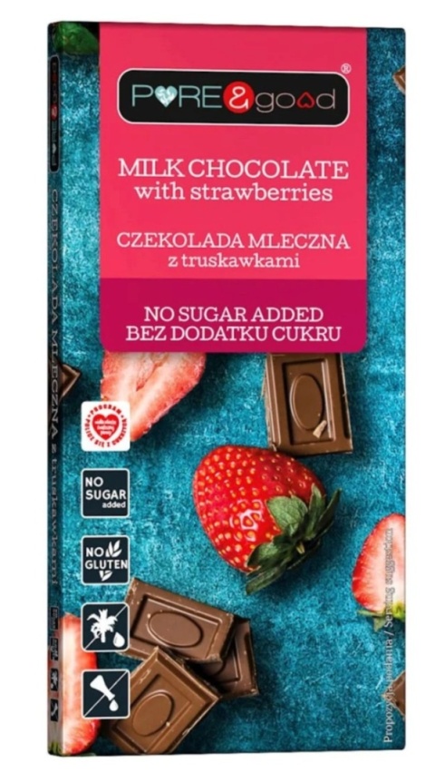 PURE & GOOD Czekolada mleczna z truskawkami bez dodatku cukru 75g PURE & GOOD Czekolada mleczna z truskawkami bez dodatku cukru 75g