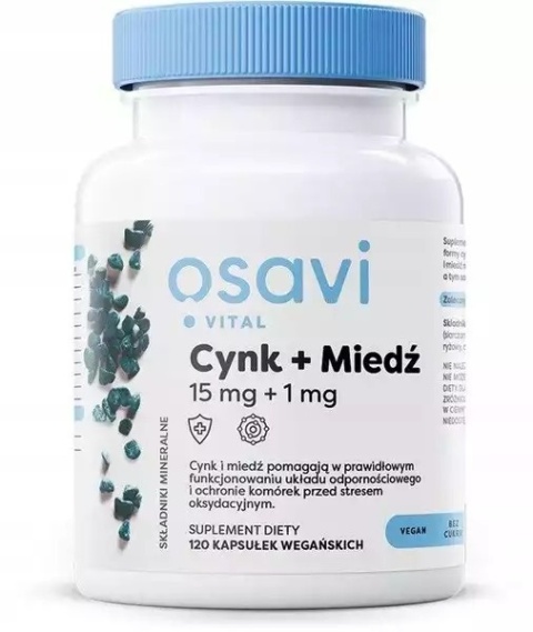 Osavi Cynk + Miedź 15mg + 1mg 120 wegańskich kapsułek Osavi Cynk + Miedź 15mg + 1mg 120 wegańskich kapsułek