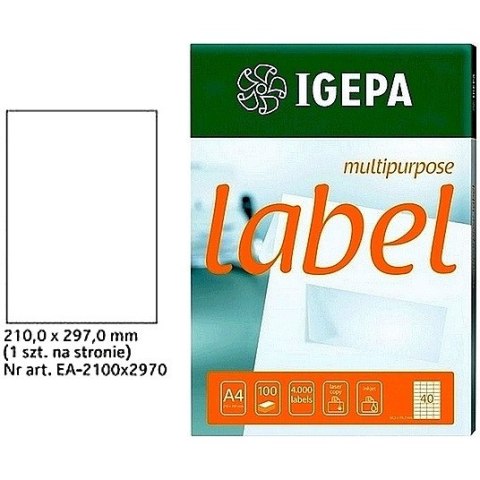 ETYKIETY A4 IGEPA 210*297mm BIAŁE (100) Igepa ETYKIETY A4 IGEPA 210*297mm BIAŁE (100) Igepa
